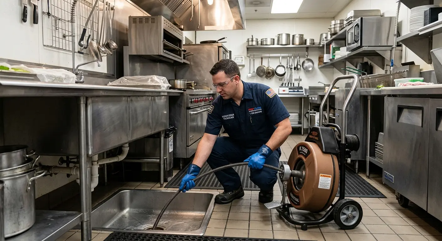 Commercial drain cleaning service in a restaurant kitchen in Olive